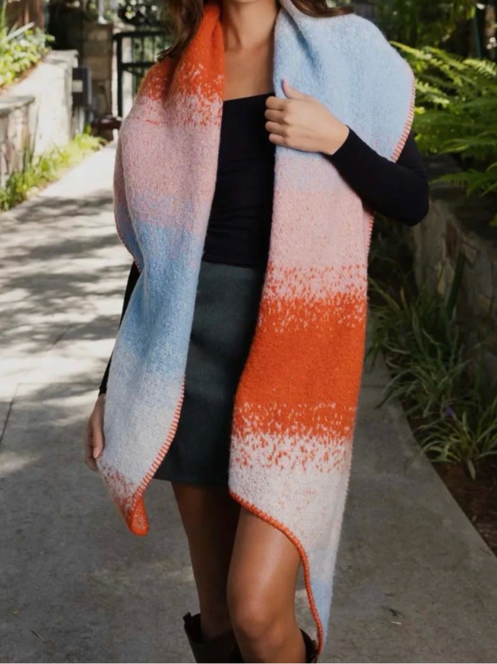 Cozy Ombre Knit Scarf - Orange, Pink & Light Blue